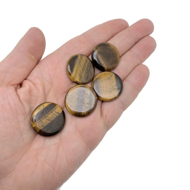 Round Tiger Eye flat gemstone slab, 25mm, displaying rich golden-brown bands and polished surface, by GemstoneGO.
