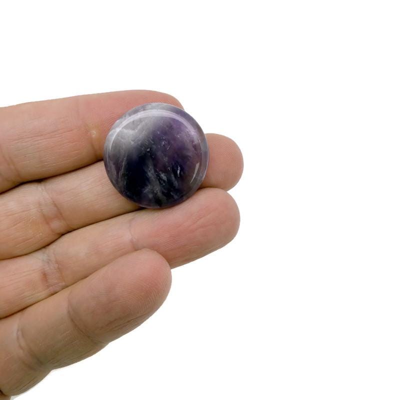 Round amethyst flat gemstone slab, 25mm, from GemstoneGO, showcasing a vibrant purple crystal with smooth edges.