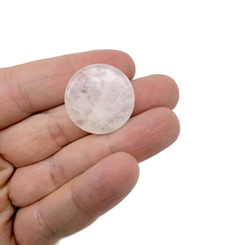 Round clear quartz flat gemstone slab, 25mm, from GemstoneGO, showing a smooth, transparent crystal surface.