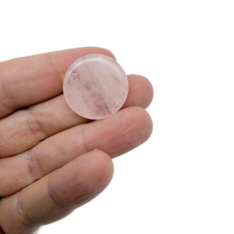Round rose quartz flat gemstone slab, 25mm, from GemstoneGO, showcasing soft pink color and smooth polished surface.