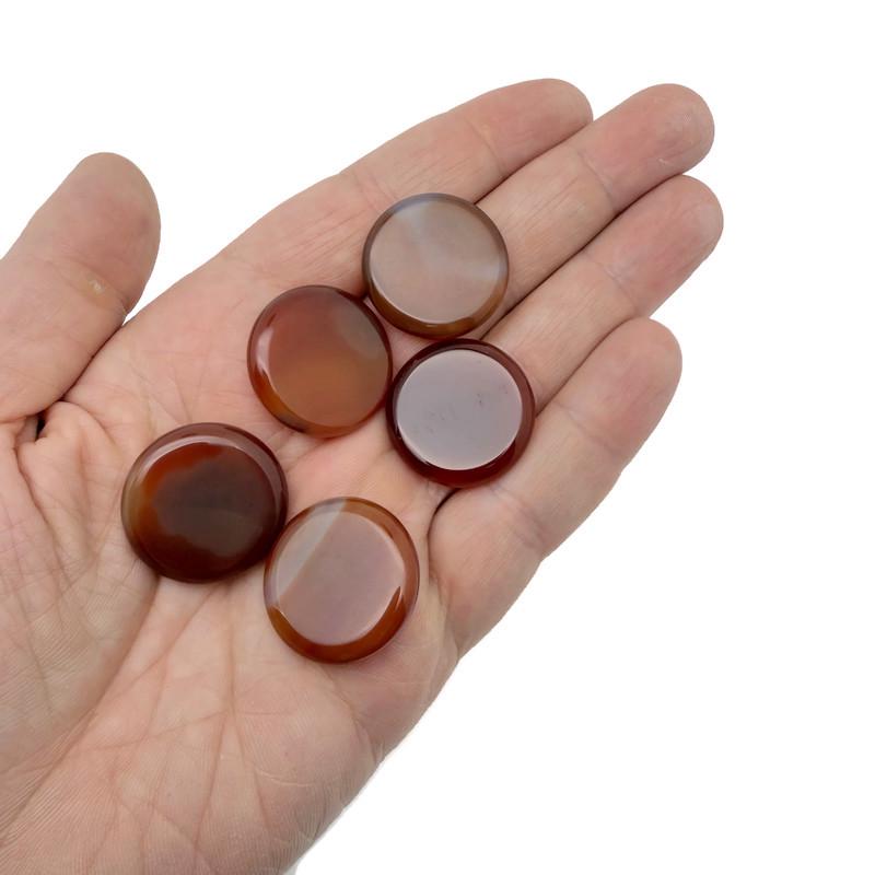 Round Carnelian flat gemstone slab, 25mm, with smooth surface and rich orange-red color, from GemstoneGO.