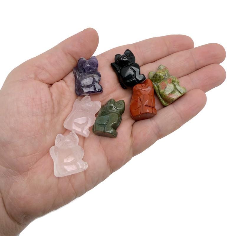 Hand-carved 30mm crystal cat animal figure by GemstoneGO, showcasing detailed craftsmanship and colorful gemstone textures.