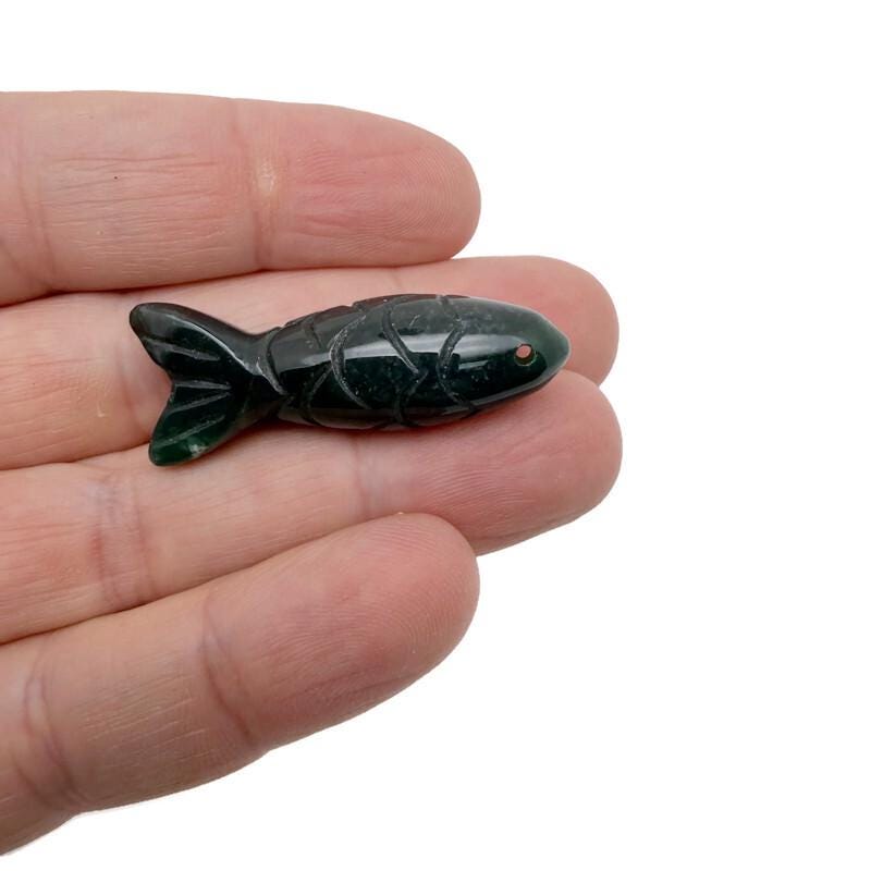 Moss agate fish gemstone pendant with intricate natural stone patterns, designed as a lucky fishing charm by GemstoneGO.