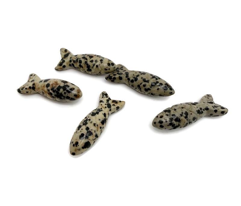 Dalmatian Jasper fish gemstone pendant with natural patterns, crafted by GemstoneGO, ideal as a lucky fishing charm or gift.