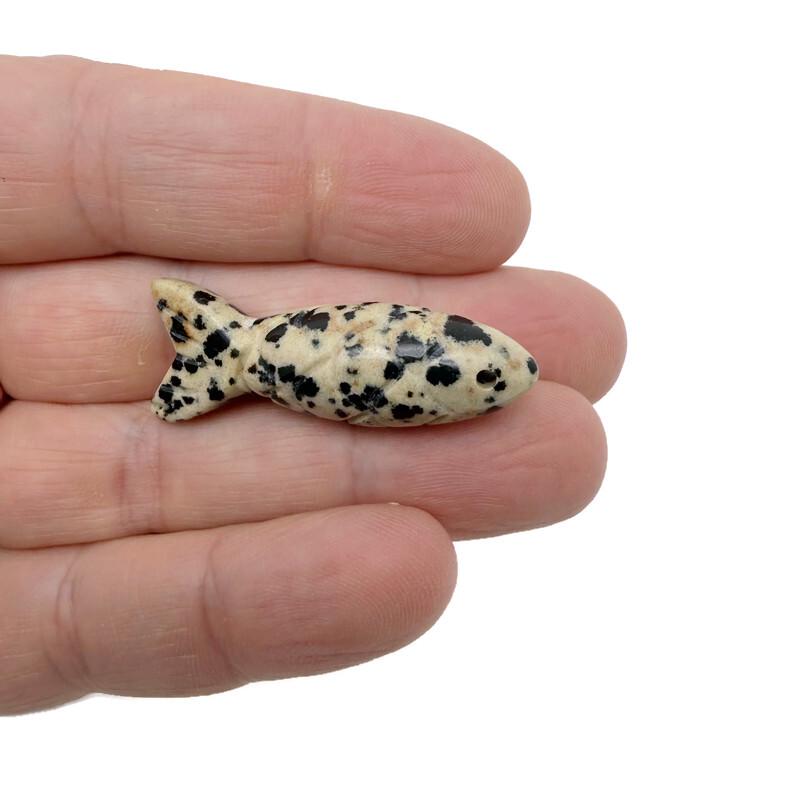 Dalmatian Jasper fish gemstone pendant from GemstoneGO, featuring a unique spotted design, perfect as a lucky fishing charm or gift.