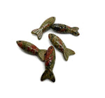 Unakite fish-shaped gemstone pendant from GemstoneGO, featuring vibrant pink and green colors, perfect as a lucky fishing charm.