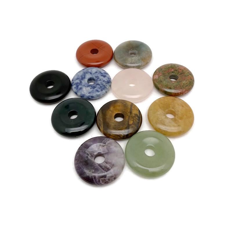 Colorful 30mm crystal donut with Pi Stone design from GemstoneGO, featuring mixed gemstone colors and a polished, decorative appearance.