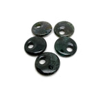 Moss agate crystal donut pendant, 30mm Pi stone, natural green and brown gemstone with intricate moss-like patterns.