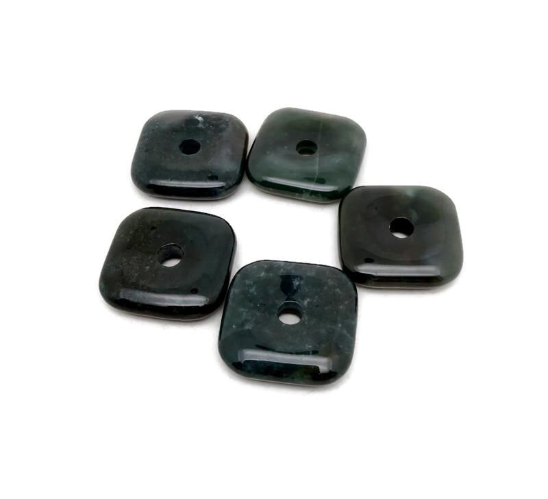 Square moss agate crystal donut with natural green and brown patterns, 30mm Pi stone from GemstoneGO.