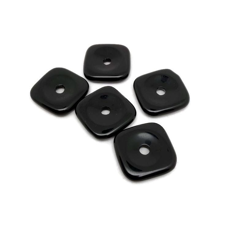 Square obsidian crystal donut pendant with polished black stone, 30mm size, featuring natural gemstone details.