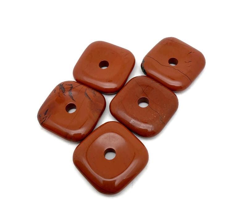 Red Jasper square crystal donut pendant from GemstoneGO, 30mm Pi stone with polished red jasper surface and detailed craftsmanship.