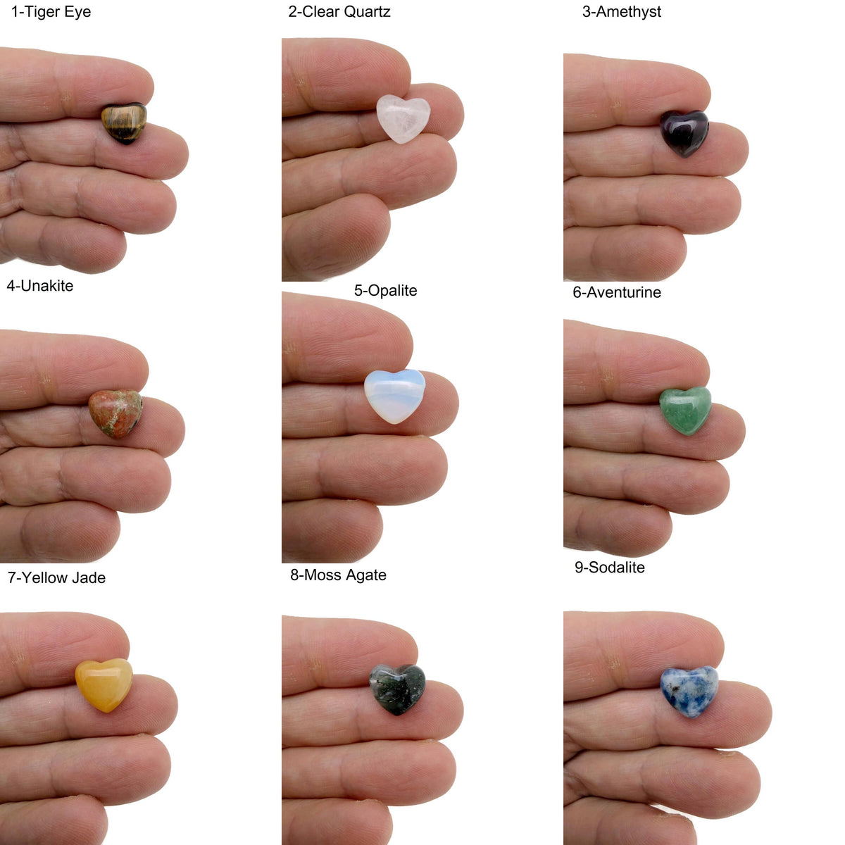 Mini heart-shaped crystal beads in 12mm size, arranged for bracelet and necklace designs, featuring a colorful mix of gemstones.