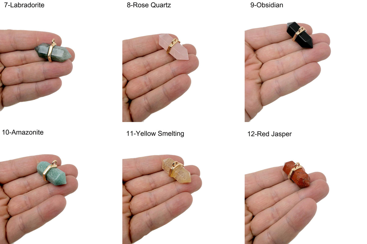 Double terminated natural gemstone crystal pendant from GemstoneGO, showcasing a sleek, polished gemstone point with vibrant colors.
