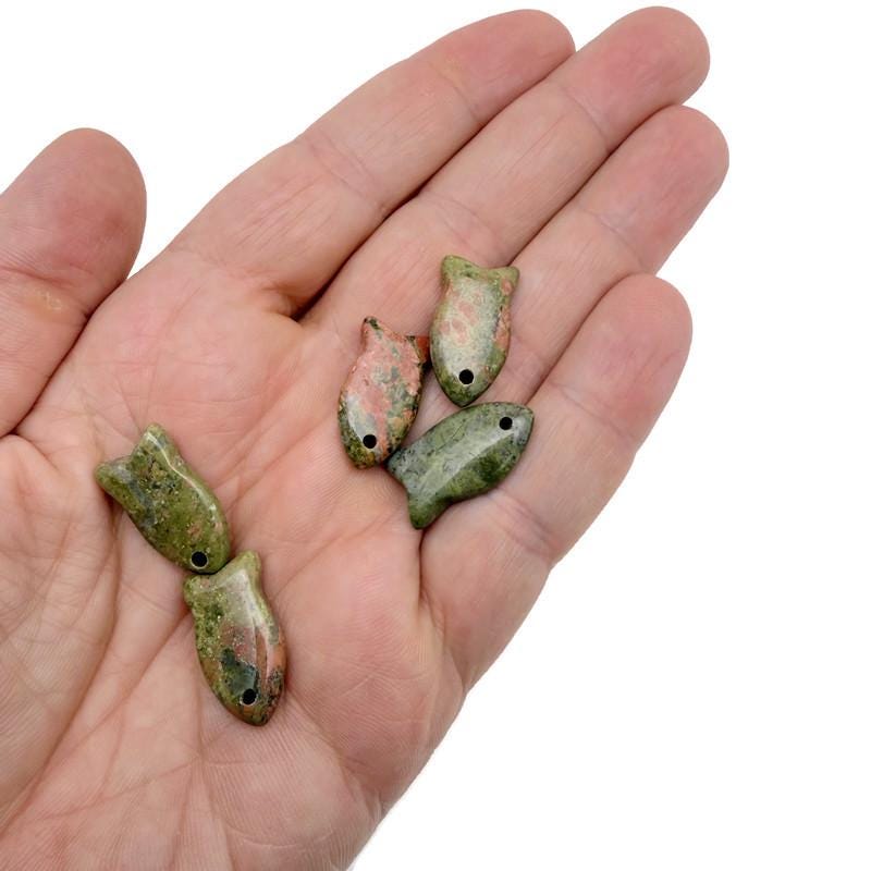 Unakite fish-shaped crystal pendant with healing stone, showcasing a colorful fish charm for jewelry, by GemstoneGO.