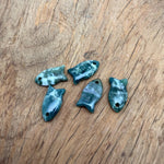Moss agate fish-shaped crystal pendant with healing stone design, crafted for jewelry, featuring a vibrant, natural stone appearance.