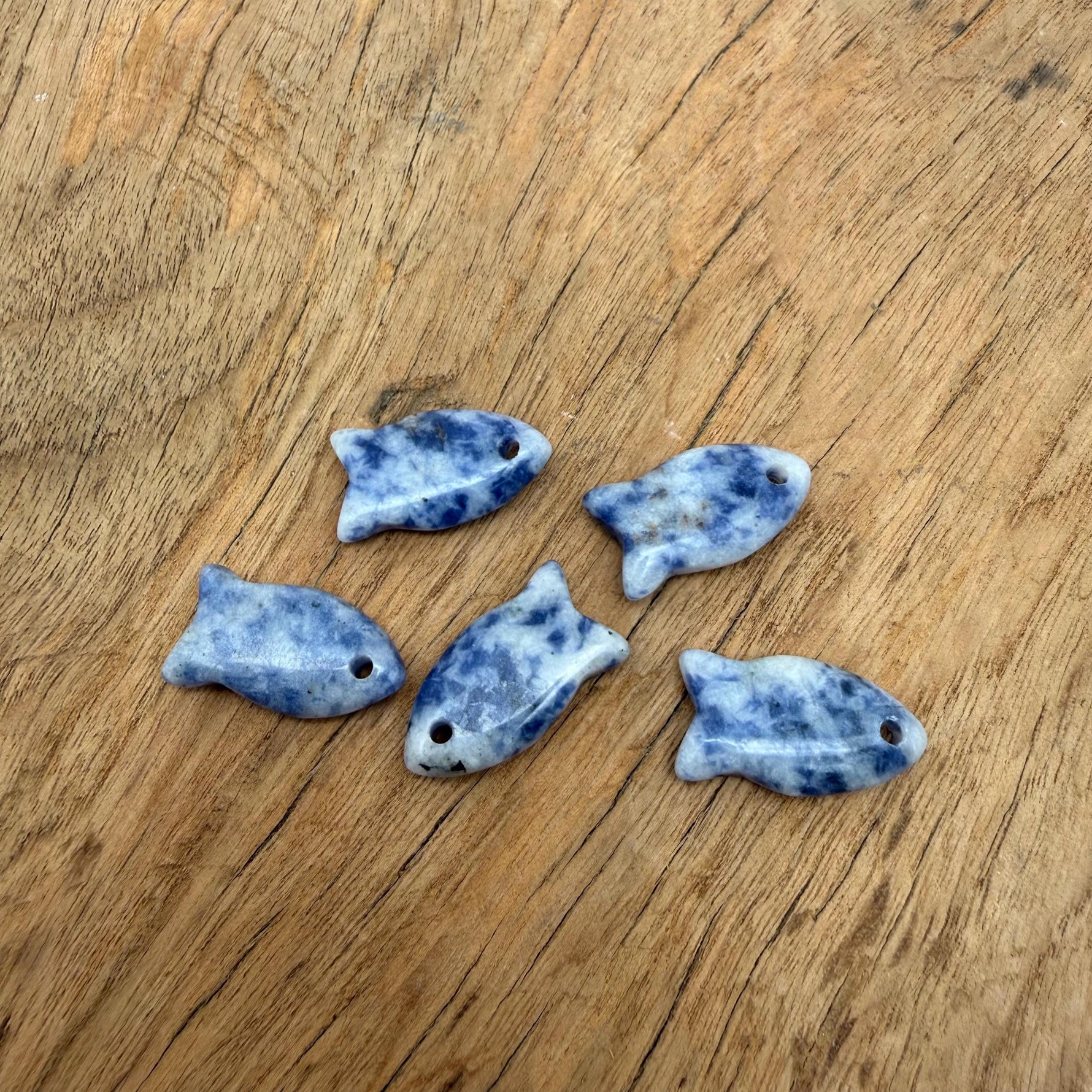 Sodalite fish-shaped crystal pendant with healing stone charm, featuring blue and white mineral patterns, jewelry accessory.