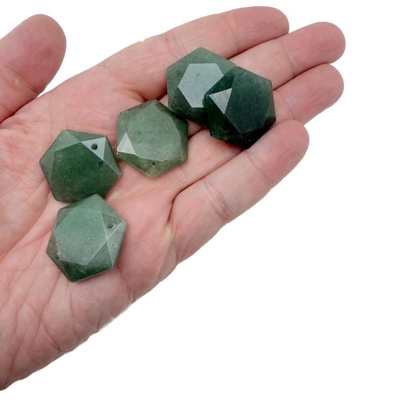 Faceted aventurine hexagon crystal pendant necklace with gemstone bead from GemstoneGO, showcasing a polished green stone.