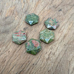 Faceted Unakite hexagon crystal pendant necklace with a natural stone bead, showcasing vibrant green and pink hues.